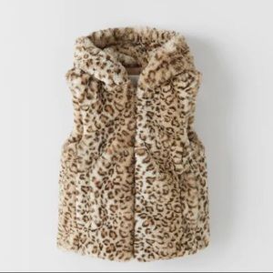 Zara Kids Faux Fur Vest Animal Print with Hood NWT